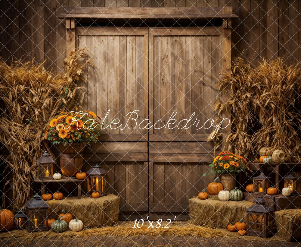Kate Autumn Dark Brown Wooden Barn Door Pumpkin Backdrop Designed by Emetselch - Image 5