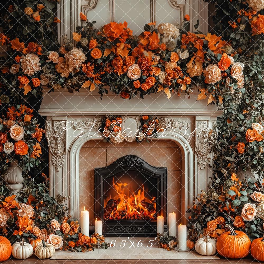 Kate Autumn Fireplace Pumpkin Floral Backdrop Designed by Patty Robert - Image 2