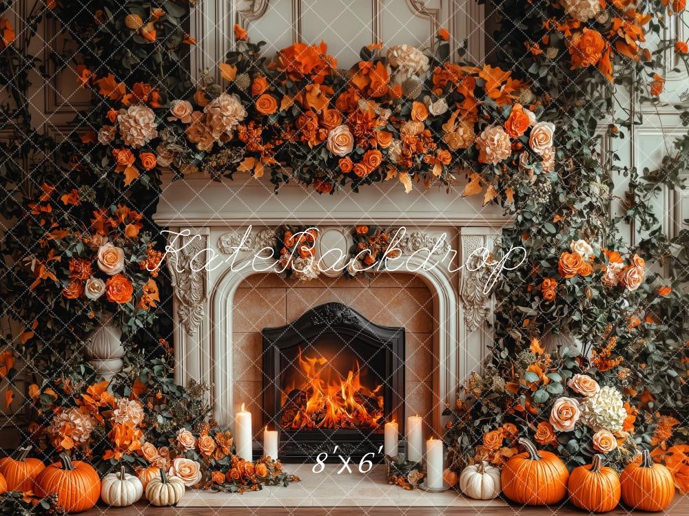 Kate Autumn Fireplace Pumpkin Floral Backdrop Designed by Patty Robert - Image 3