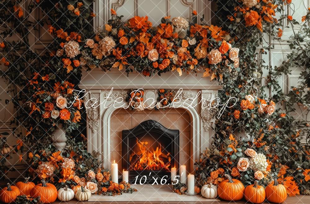 Kate Autumn Fireplace Pumpkin Floral Backdrop Designed by Patty Robert - Image 4