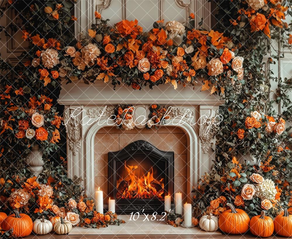 Kate Autumn Fireplace Pumpkin Floral Backdrop Designed by Patty Robert - Image 5