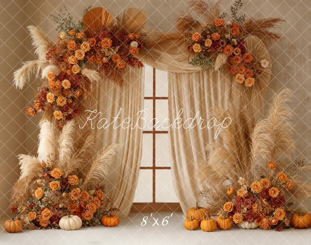 Kate Autumn Floral Arch Pumpkins Window Fleece Backdrop Designed by Emetselch