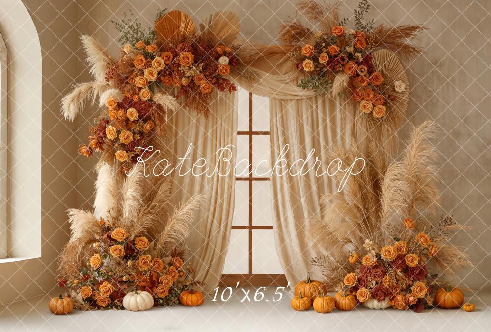 Kate Autumn Floral Arch Pumpkins Window Fleece Backdrop Designed by Emetselch - Image 2