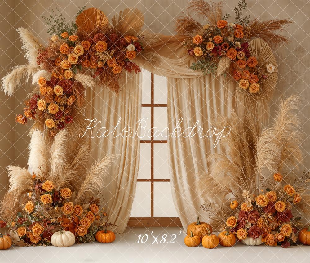 Kate Autumn Floral Arch Pumpkins Window Fleece Backdrop Designed by Emetselch - Image 3