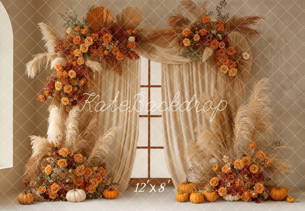 Kate Autumn Floral Arch Pumpkins Window Fleece Backdrop Designed by Emetselch - Image 4