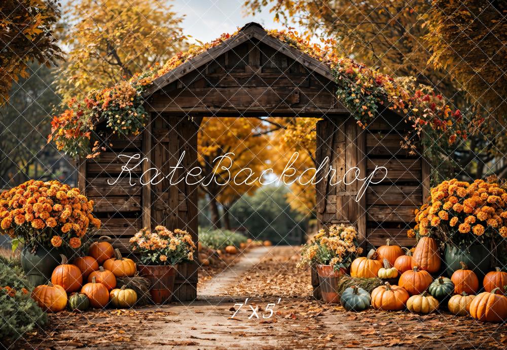 Kate Autumn Forest Pumpkin Brown Barn Door Backdrop Designed by Emetselch - Image 2