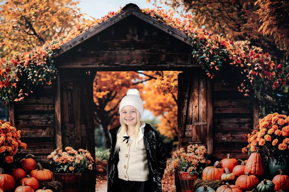 Kate Autumn Forest Pumpkin Brown Barn Door Backdrop Designed by Emetselch - Image 4