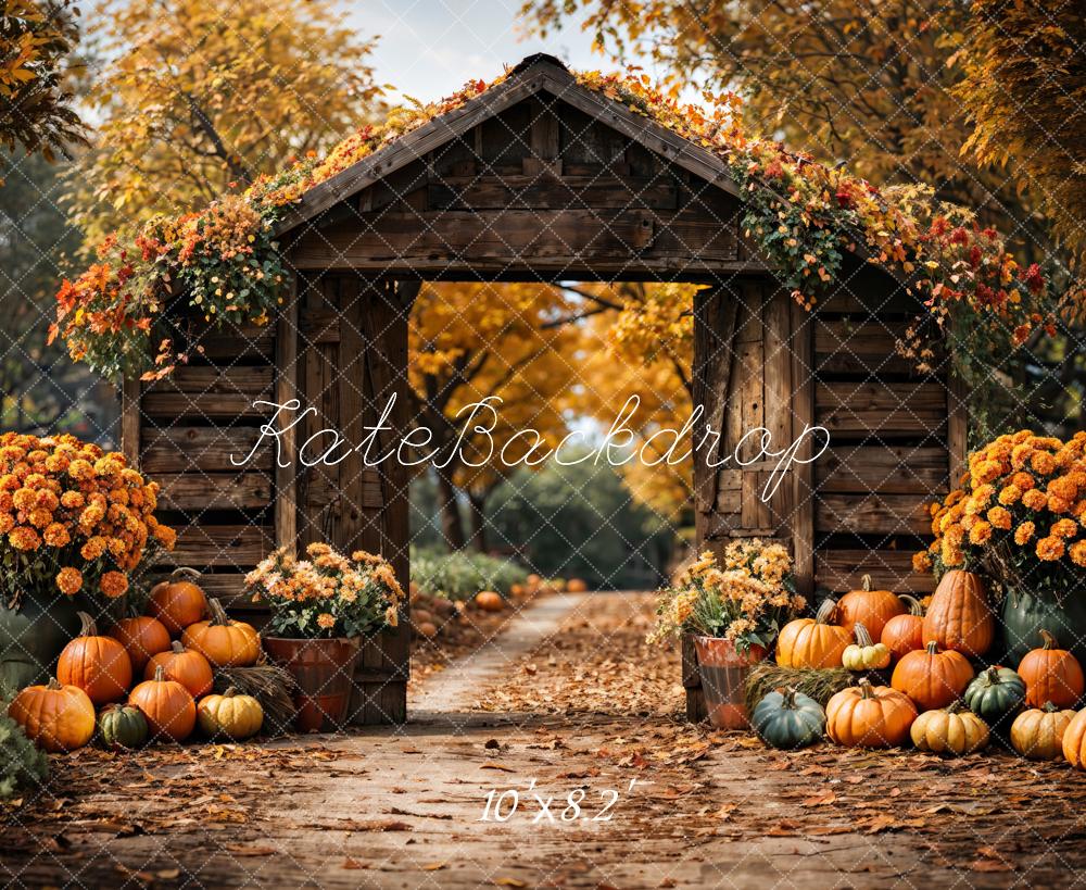 Kate Autumn Forest Pumpkin Brown Barn Door Backdrop Designed by Emetselch - Image 8