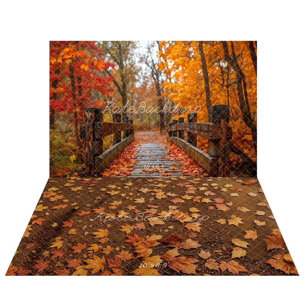 Kate Autumn Forest Wooden Bridge Backdrop+Maple Leaves Ground Floor Backdrop - Image 2
