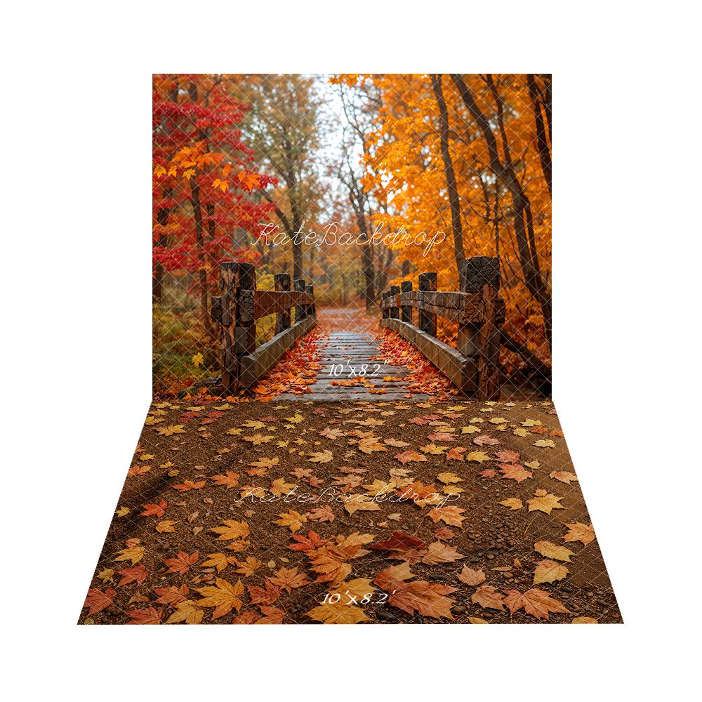 Kate Autumn Forest Wooden Bridge Backdrop+Maple Leaves Ground Floor Backdrop - Image 3