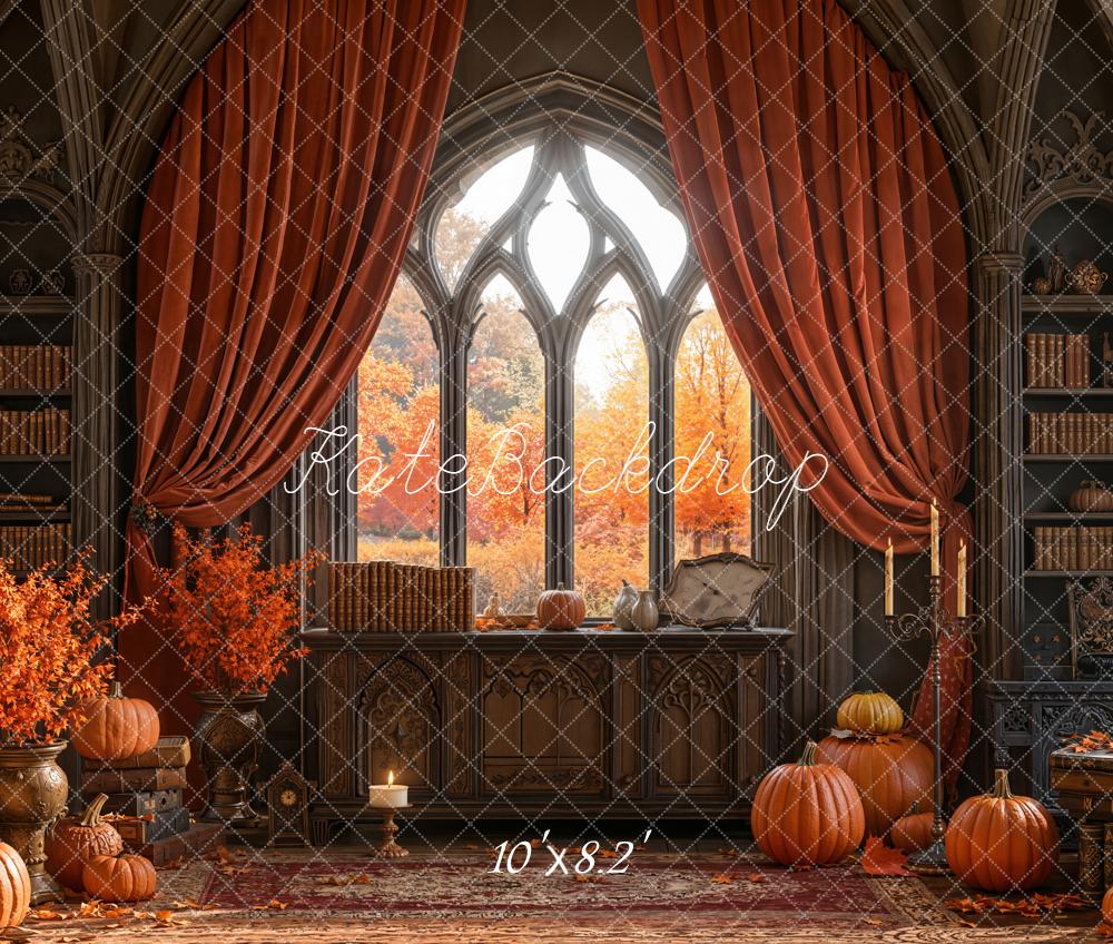 Kate Autumn Gothic Pumpkins Bookshelves Fleece Backdrop Designed by Emetselch - Image 3