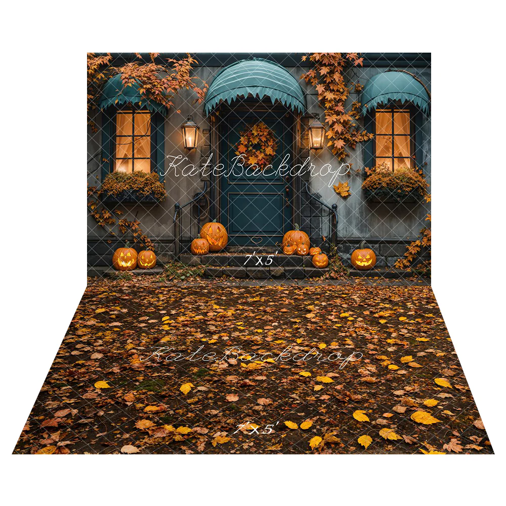 Kate Autumn Halloween Maple Leaf House Backdrop+Fallen Leaves Floor Backdrop - Image 2