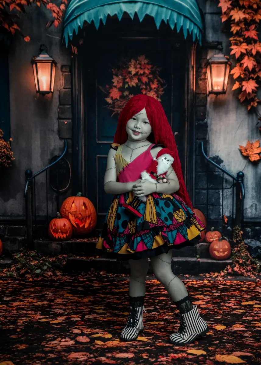 Kate Autumn Halloween Maple Leaf House Backdrop+Fallen Leaves Floor Backdrop - Image 3
