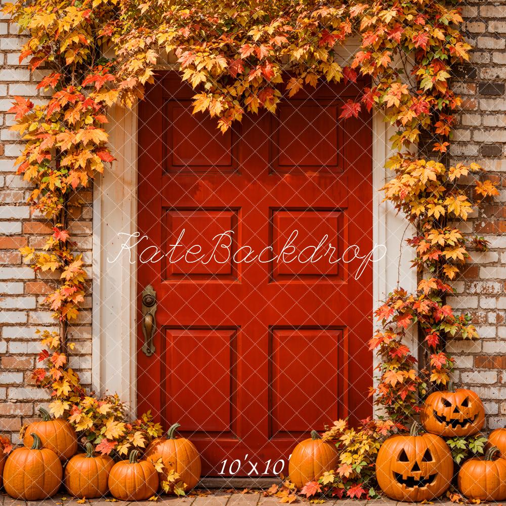 Kate Autumn Halloween Maple Leaves Red Door Backdrop Designed by Emetselch - Image 2