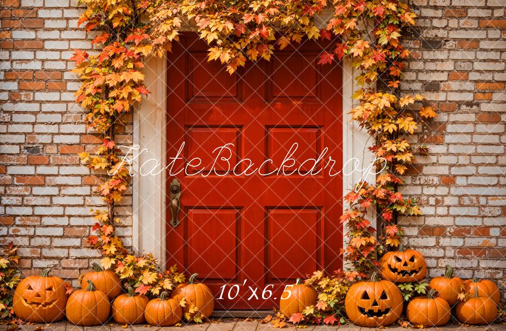 Kate Autumn Halloween Maple Leaves Red Door Backdrop Designed by Emetselch - Image 4