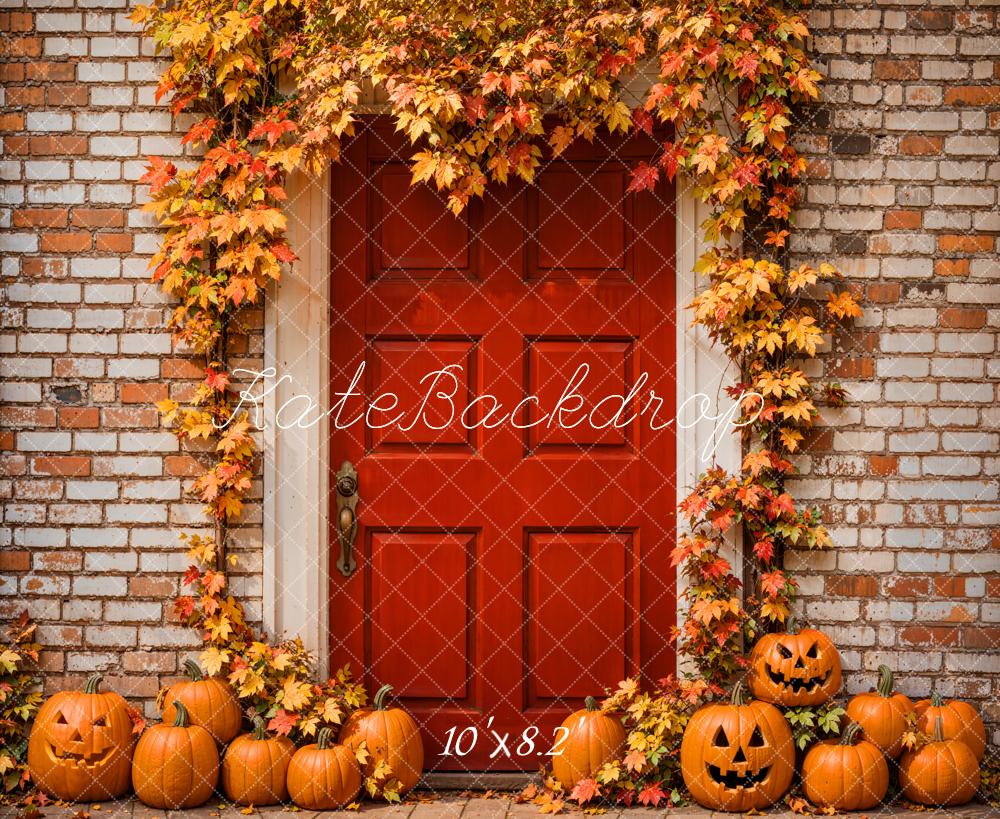 Kate Autumn Halloween Maple Leaves Red Door Backdrop Designed by Emetselch - Image 5