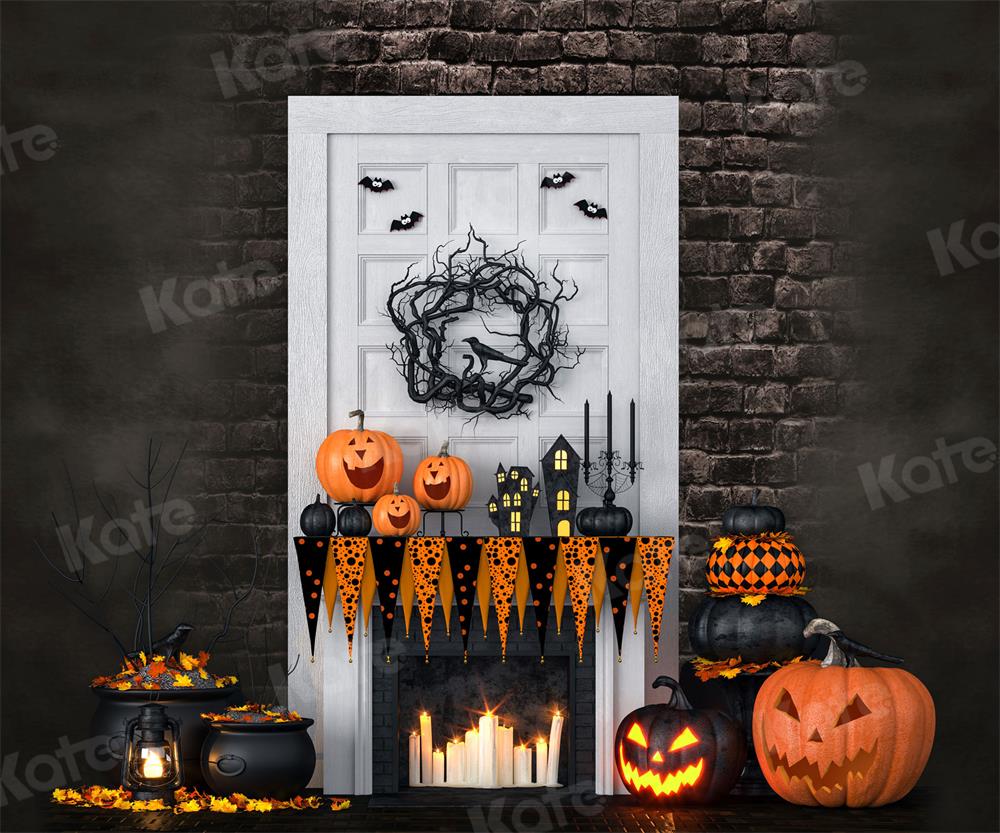Kate Autumn Halloween White Door Pumpkin Backdrop for Photography - Image 3