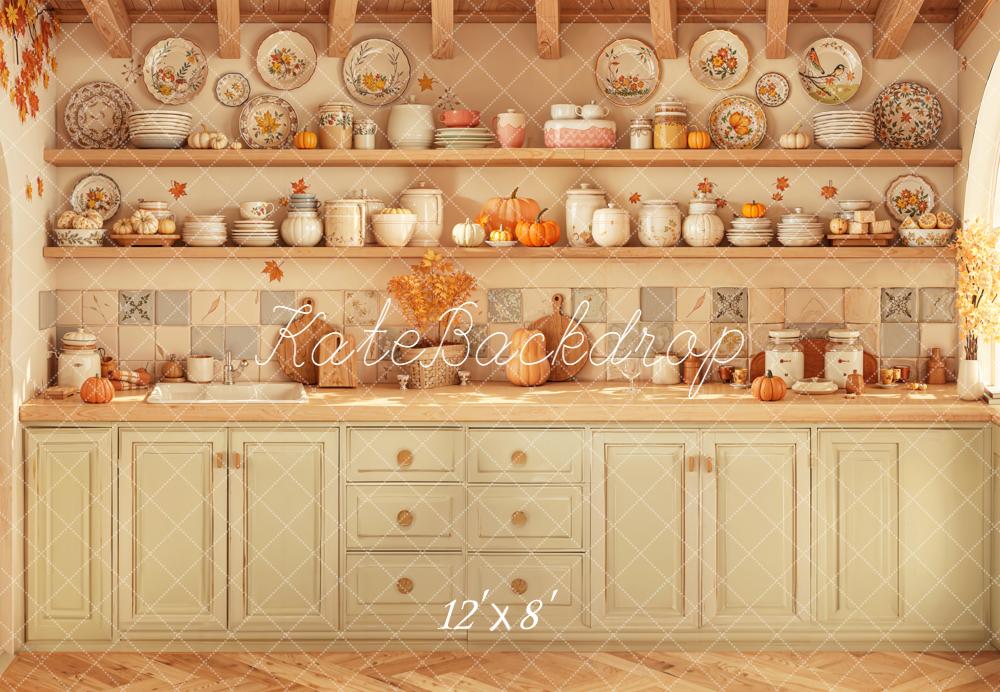 Kate Autumn Kitchen Pumpkins Shelves Fleece Backdrop Designed by Emetselch - Image 4