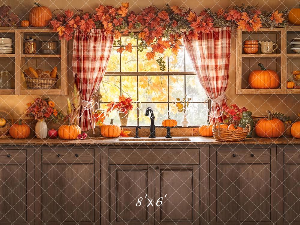 Kate Autumn Kitchen Pumpkins Window Backdrop Designed by Emetselch - Image 3