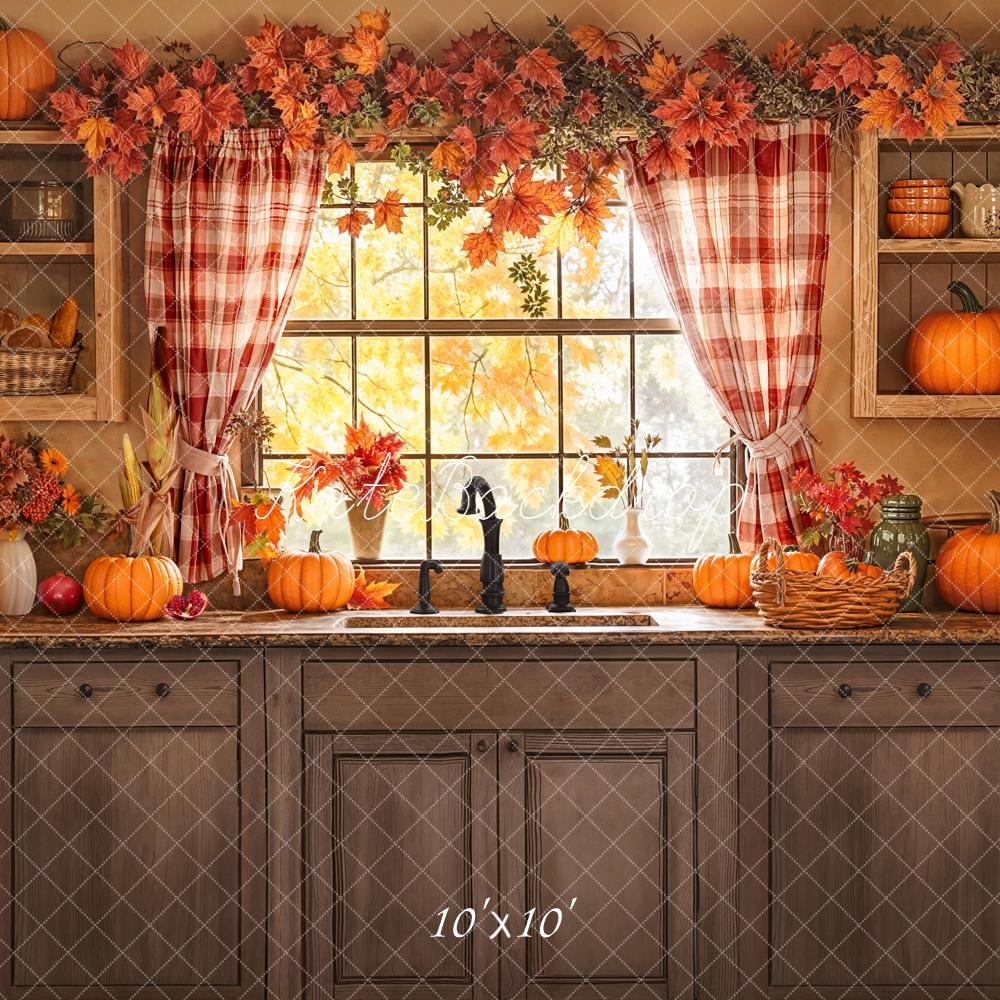 Kate Autumn Kitchen Pumpkins Window Backdrop Designed by Emetselch - Image 7