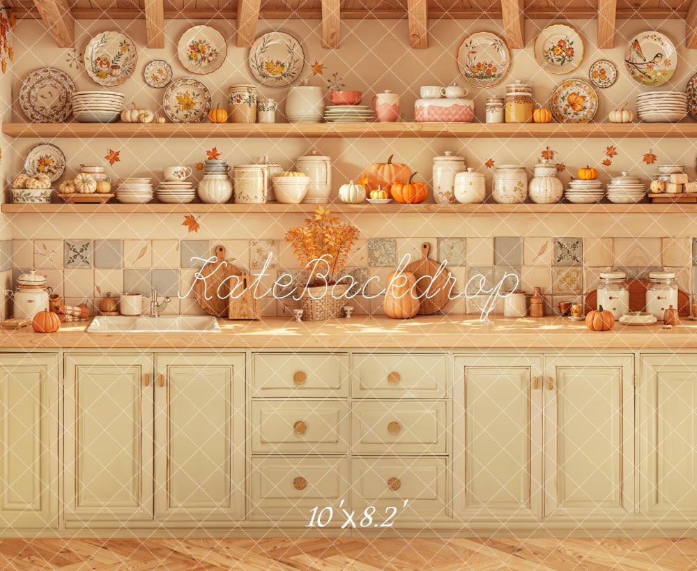 Kate Autumn Kitchen Shelves Pumpkins Backdrop Designed by Emetselch - Image 6