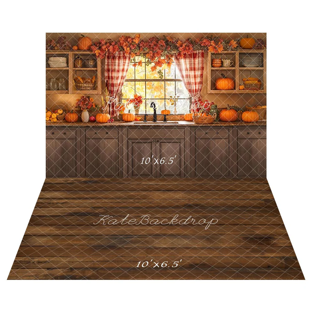 Kate Autumn Kitchen Window Pumpkin Backdrop+Brown Wooden Floor Backdrop - Image 2