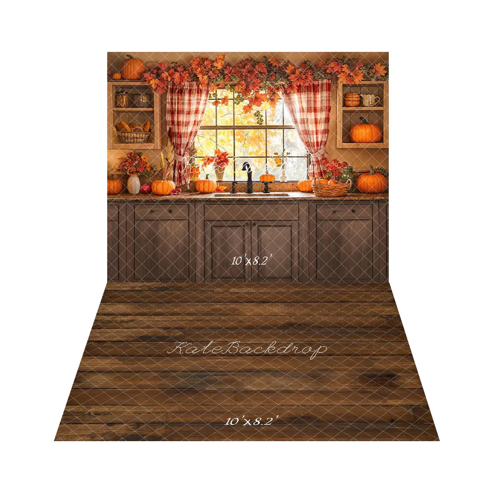 Kate Autumn Kitchen Window Pumpkin Backdrop+Brown Wooden Floor Backdrop - Image 3