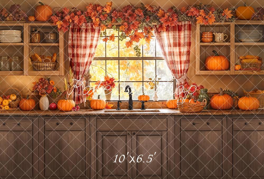 Kate Autumn Kitchen Window Pumpkins Fleece Backdrop Designed by Emetselch - Image 2