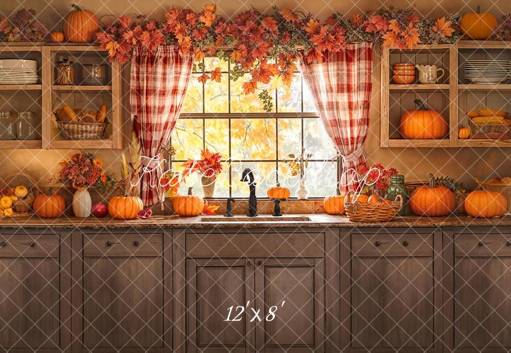 Kate Autumn Kitchen Window Pumpkins Fleece Backdrop Designed by Emetselch - Image 4