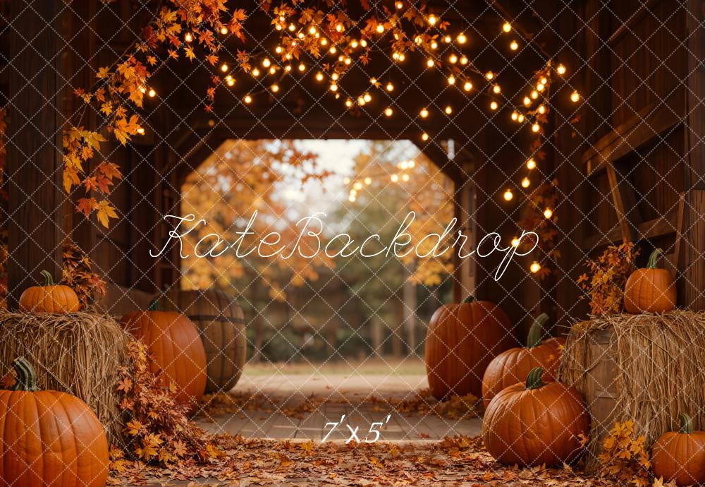 Kate Autumn Leaves Pumpkin Barn Lights Backdrop Designed by Emetselch - Image 2