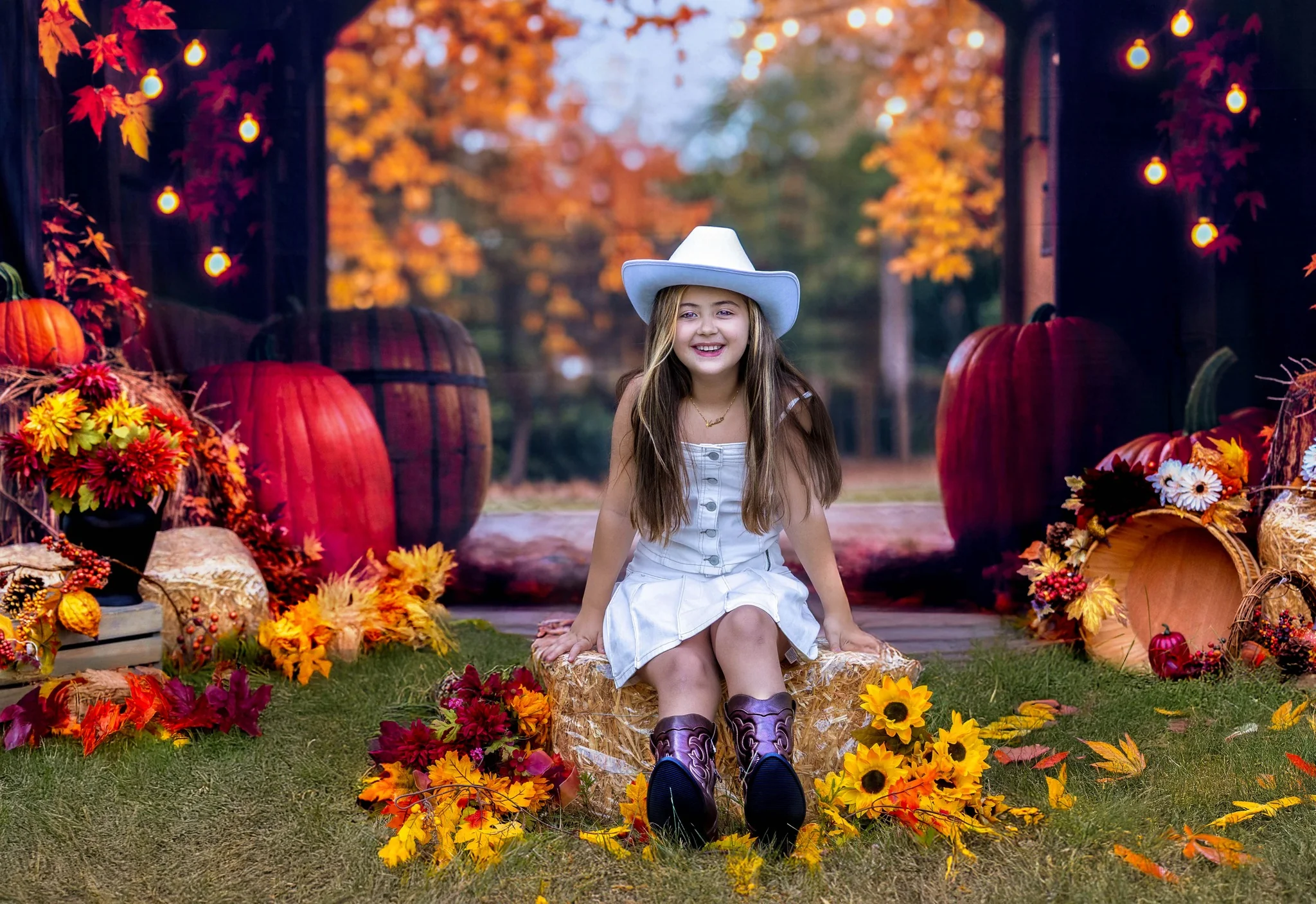 Kate Autumn Leaves Pumpkin Barn Lights Backdrop Designed by Emetselch - Image 3