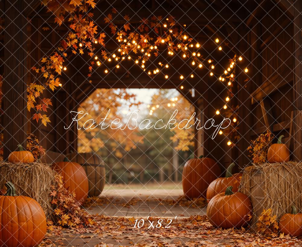 Kate Autumn Leaves Pumpkin Barn Lights Backdrop Designed by Emetselch - Image 9