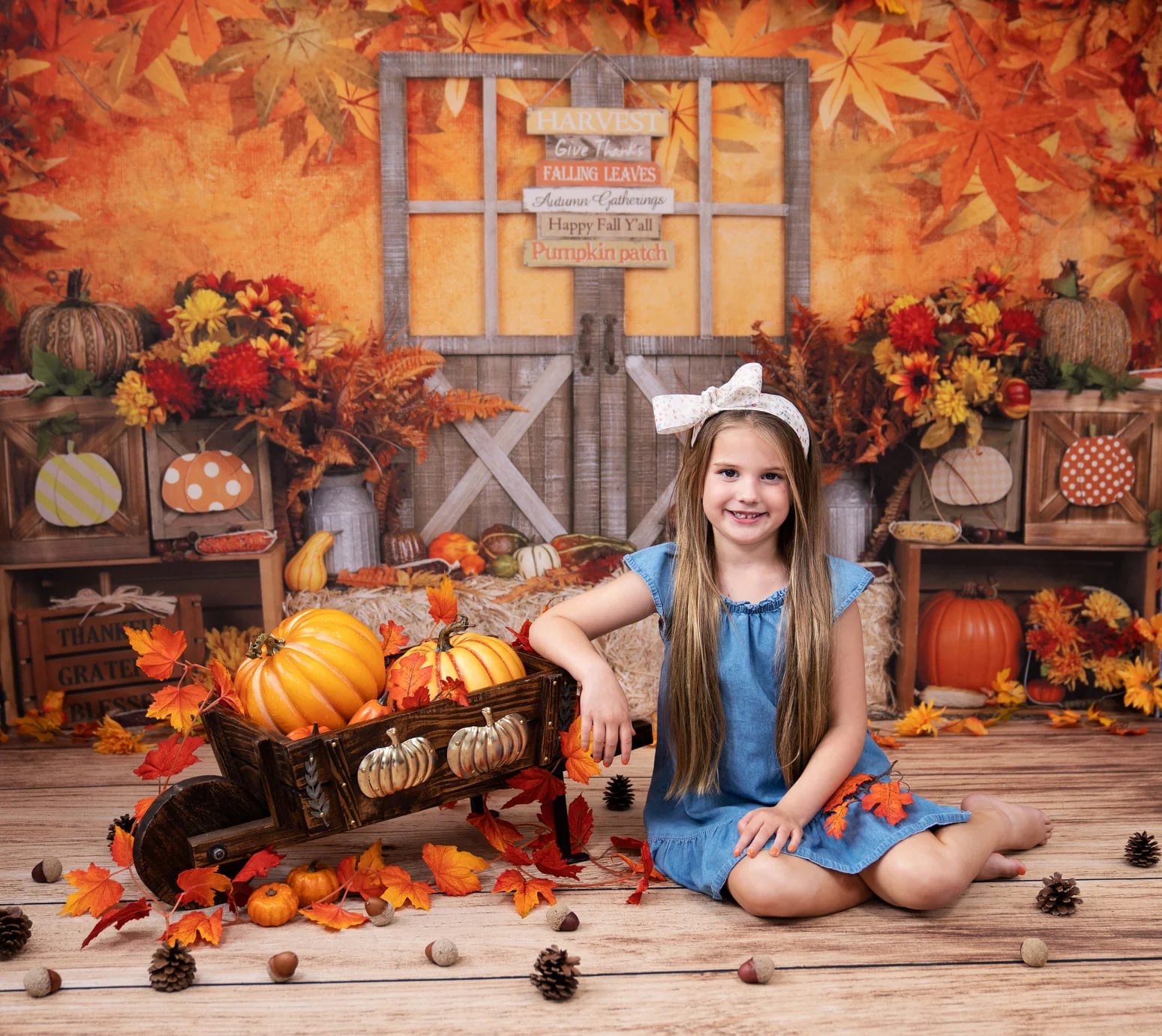 Kate Autumn Leaves with Pumpkins Thanksgiving Backdrop - Image 4
