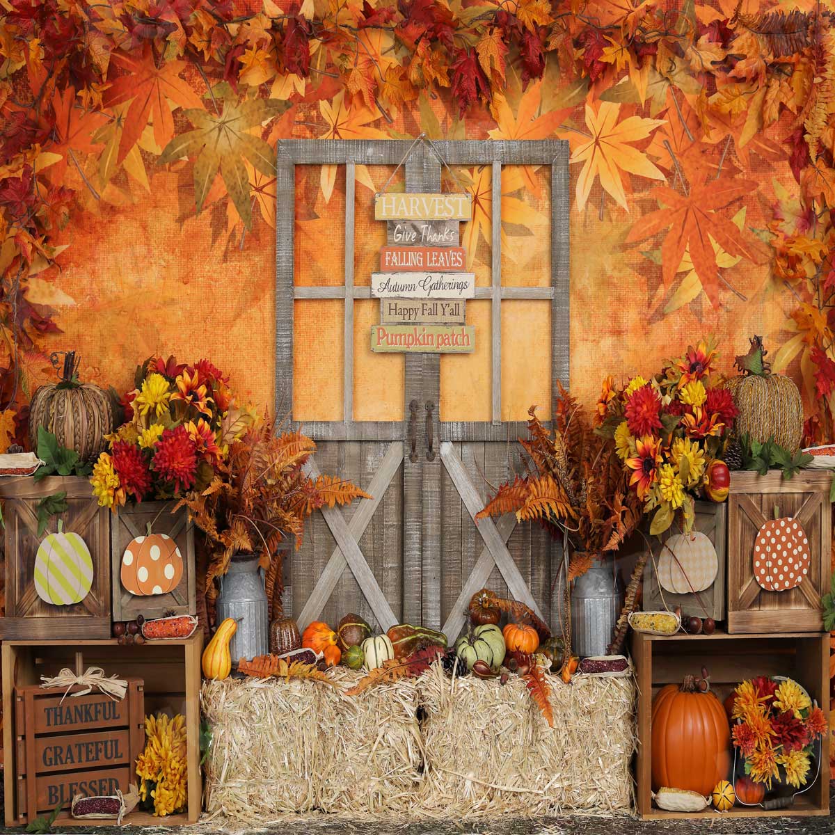 Kate Autumn Leaves with Pumpkins Thanksgiving Backdrop - Image 6