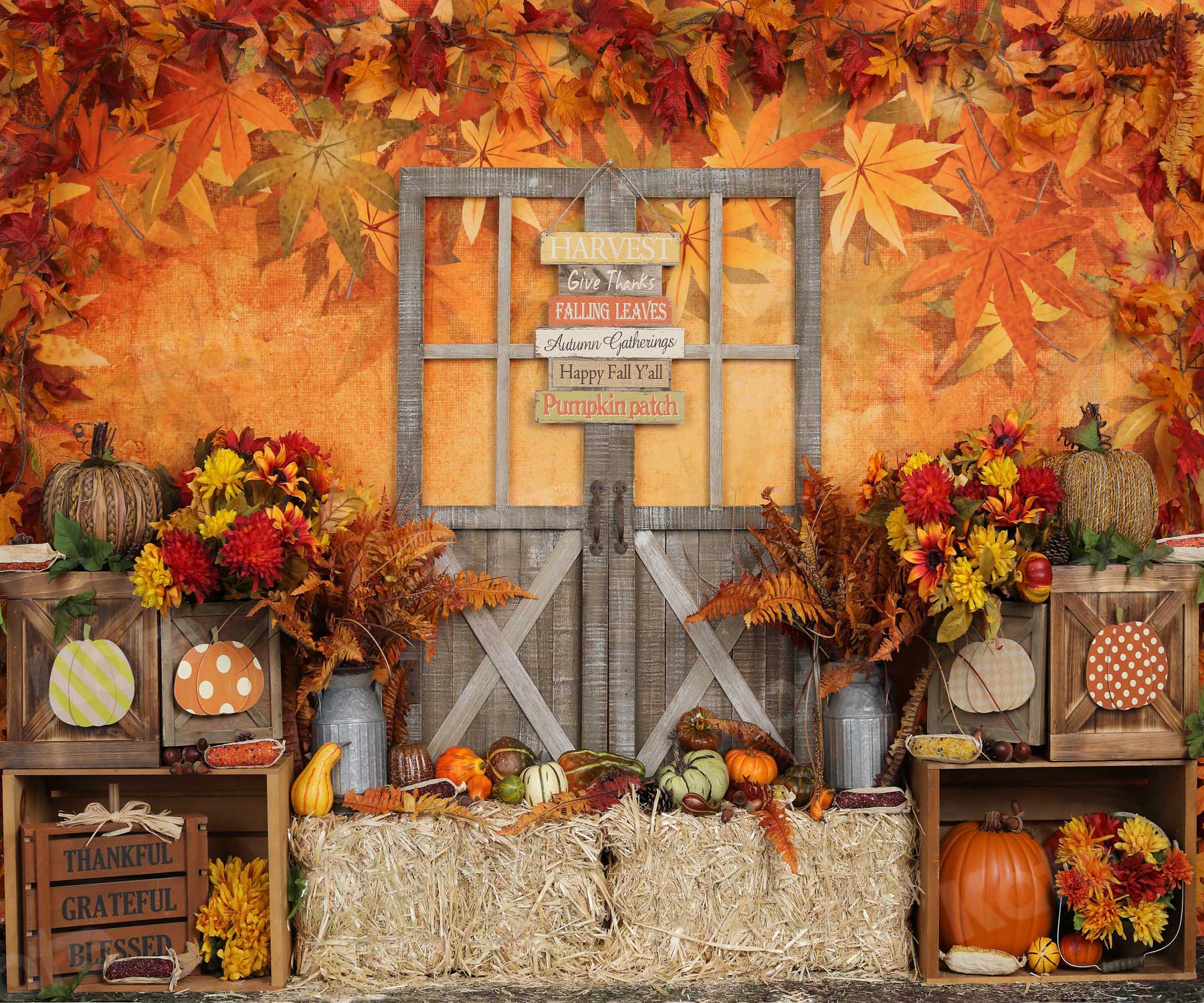 Kate Autumn Leaves with Pumpkins Thanksgiving Backdrop - Image 7