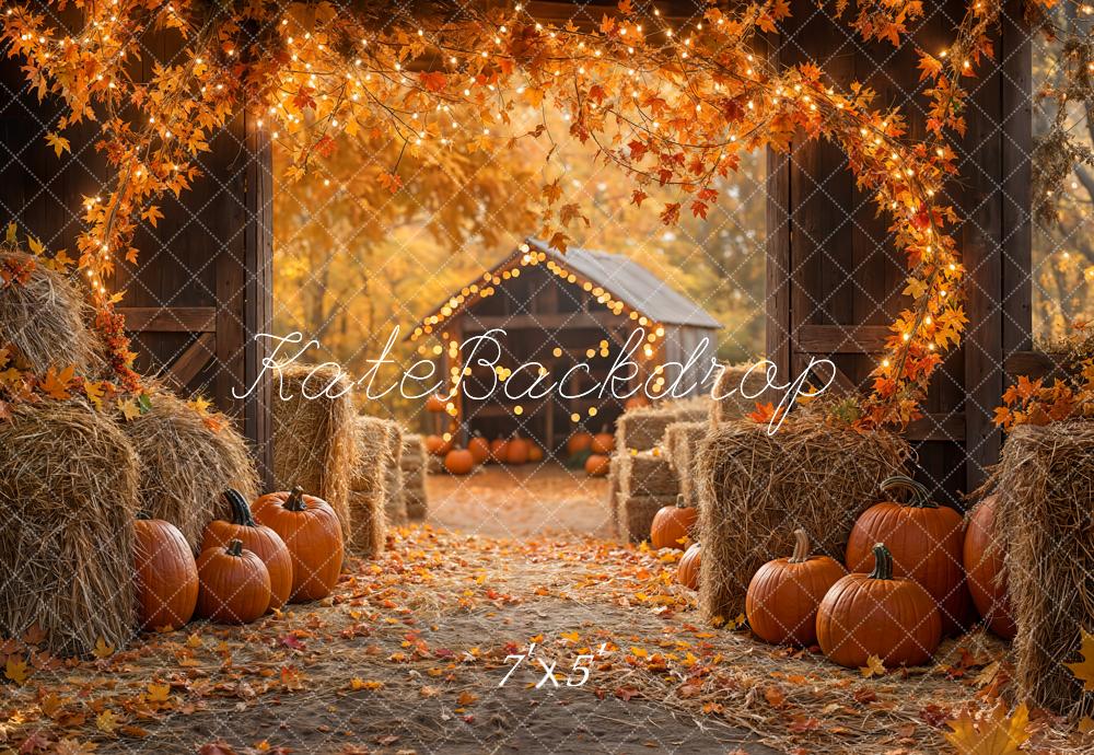 Kate Autumn Maple Leaf Barn Pumpkin Straw Backdrop Designed by Emetselch - Image 2