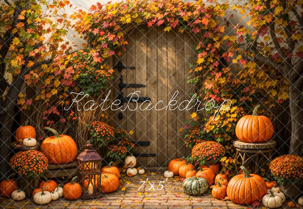Kate Autumn Maple Leaf Pumpkin Wooden Door Backdrop Designed by Emetselch - Image 2