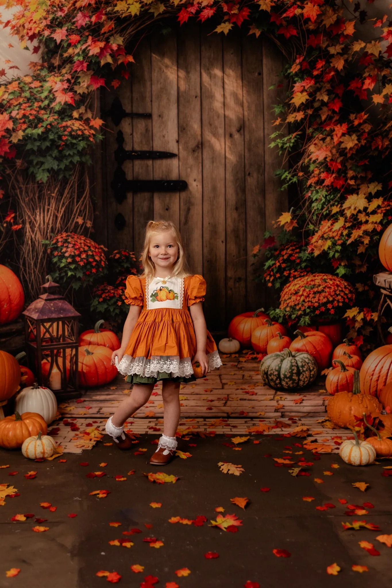 Kate Autumn Maple Leaf Pumpkin Wooden Door Backdrop Designed by Emetselch - Image 3