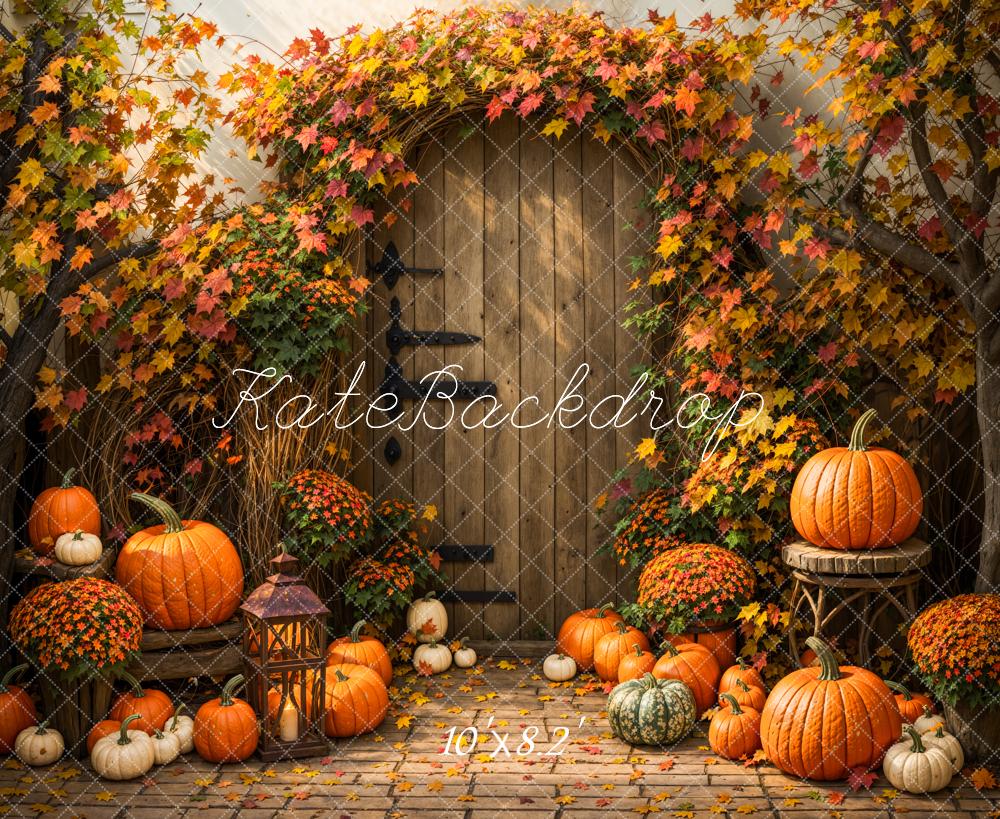 Kate Autumn Maple Leaf Pumpkin Wooden Door Backdrop Designed by Emetselch - Image 7