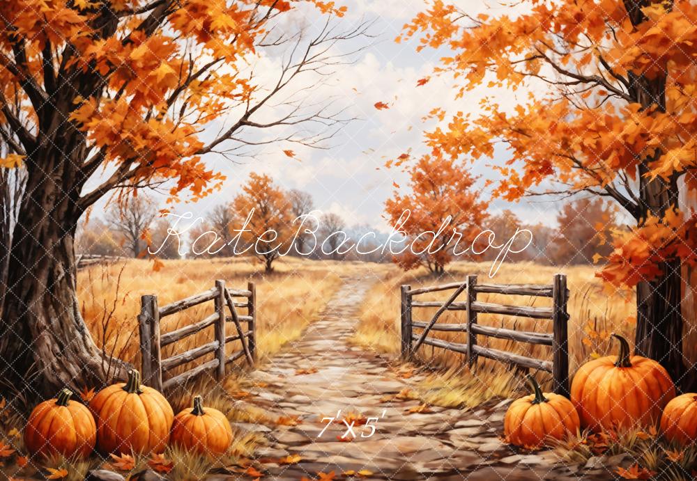 Kate Autumn Maple Leaves Forest Field Pumpkin Path Backdrop Designed by GQ - Image 2