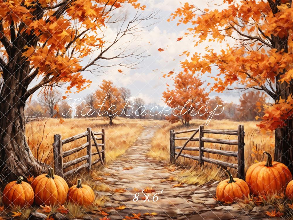 Kate Autumn Maple Leaves Forest Field Pumpkin Path Backdrop Designed by GQ - Image 6