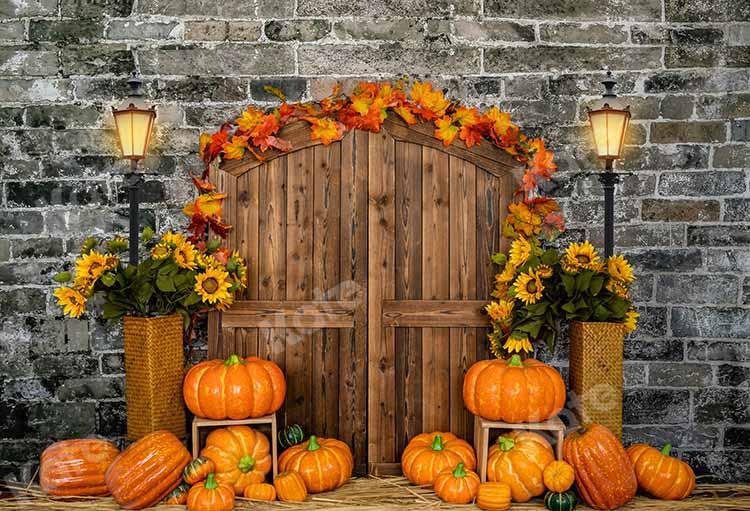 Kate Autumn Pumpkin Brick Barn Door Backdrop Designed by Emetselch - Image 2