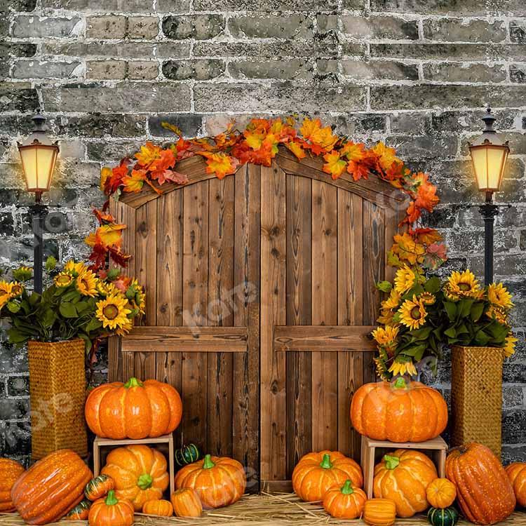 Kate Autumn Pumpkin Brick Barn Door Backdrop Designed by Emetselch - Image 5
