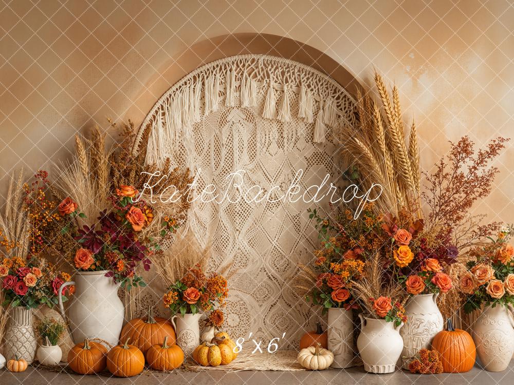 Kate Autumn Pumpkin Floral Macrame Boho Backdrop Designed by Emetselch - Image 3