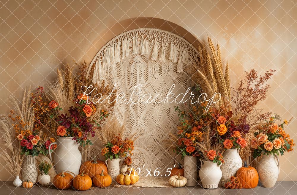 Kate Autumn Pumpkin Floral Macrame Boho Backdrop Designed by Emetselch - Image 4