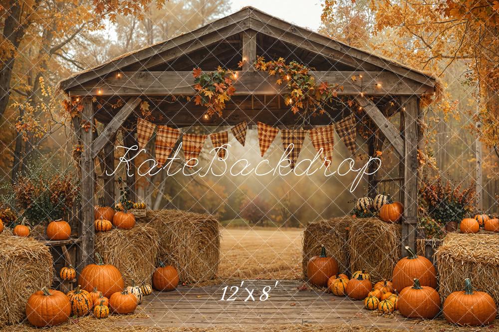Kate Autumn Pumpkin Hay Bales Barn Fleece Backdrop Designed by Emetselch - Image 2