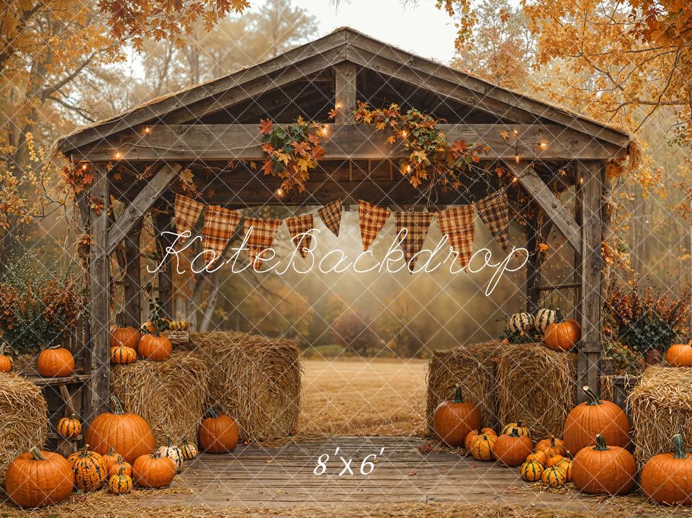 Kate Autumn Pumpkin Hay Bales Barn Fleece Backdrop Designed by Emetselch - Image 3