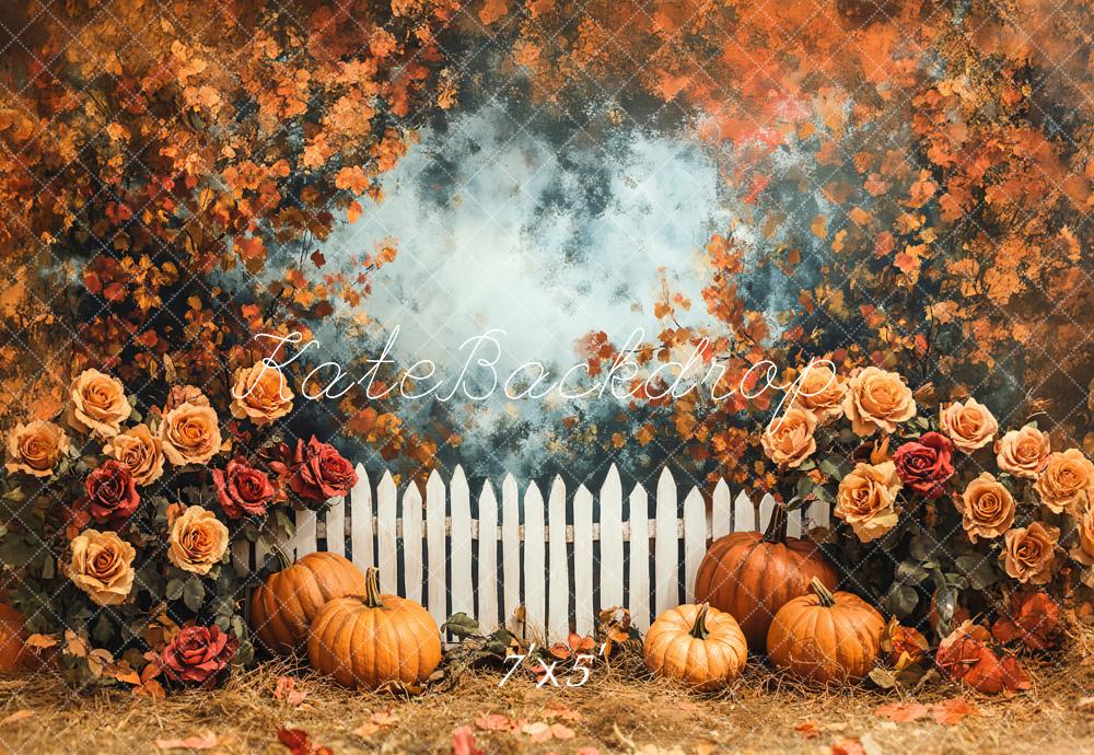 Kate Autumn Pumpkin Rose Garden Fence Backdrop Designed by Emetselch
