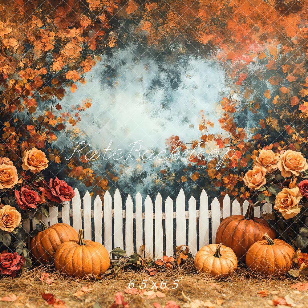 Kate Autumn Pumpkin Rose Garden Fence Backdrop Designed by Emetselch - Image 2