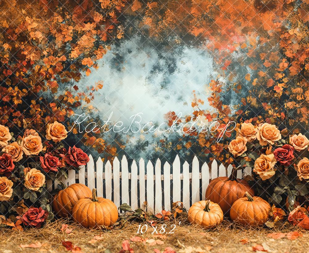Kate Autumn Pumpkin Rose Garden Fence Backdrop Designed by Emetselch - Image 5